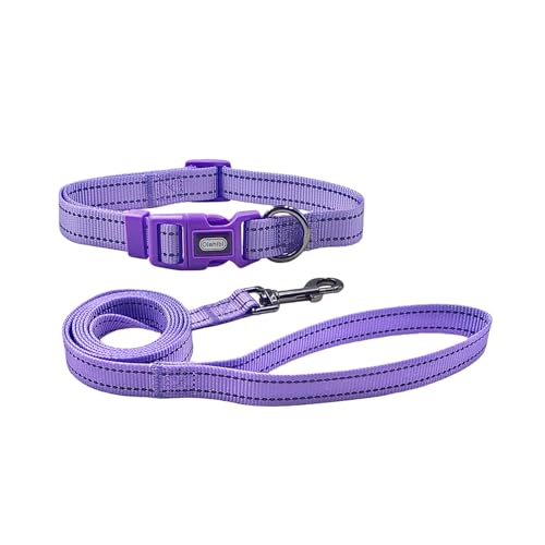 Olahibi Hundehalsband-Leinen-Set, strapazierfähiges Nylon mit reflektierenden Streifen, 1,5 m passende Leine, für kleine Hunde (Größe S, Violett) von Olahibi