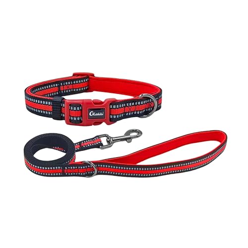 Olahibi Hundehalsband und Leine, Kombi-Set, Neopren, gepolstert, Polyester mit reflektierenden Streifen, Leine 1,5 m, für große Hunde (L, Rot) von Olahibi