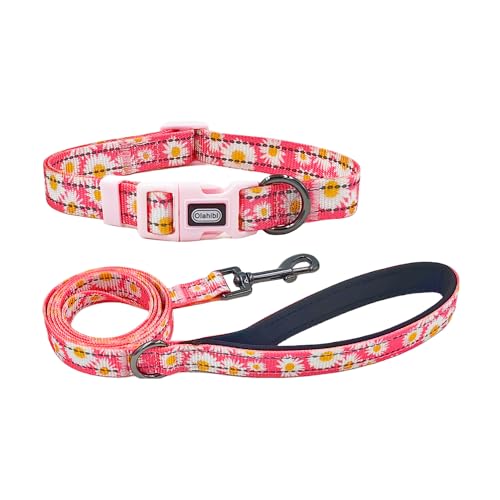 Olahibi Hundehalsband und Leine, Kombi-Set, niedliches Gänseblümchenmuster, Polyester-Material, mit reflektierenden Streifen, 1,5 m lange Leine, für mittelgroße Hunde (Größe M, Rosa) von Olahibi