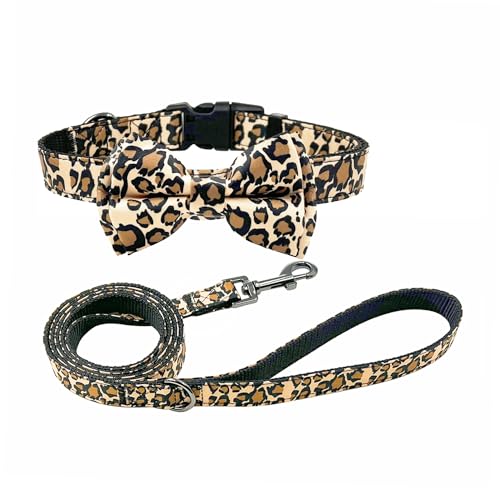 Olahibi Hundehalsband und Leine, Set mit Fliege, Nylon-Gurtband mit Leopardenband, 1,5 m passende Leine, für mittelgroße Hunde (Größe M, Leopard) von Olahibi