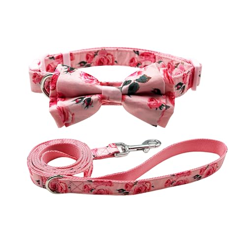 Olahibi Hundehalsband und Leine, Set mit Fliege, Nylon-Gurtband mit Rosenband, 1,5 m passende Leine, für kleine Hunde (Größe S, Pink Rose) von Olahibi