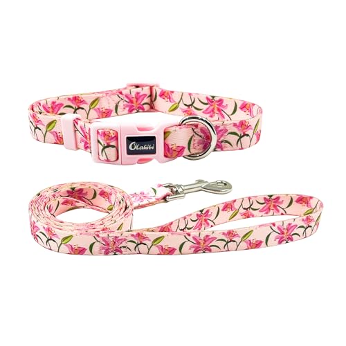 Olahibi Hundehalsband und Leine, niedliches Lilienmuster, Polyester-Material, 152 cm lange Leine, für große Hunde, Größe L, rosa Lilie von Olahibi