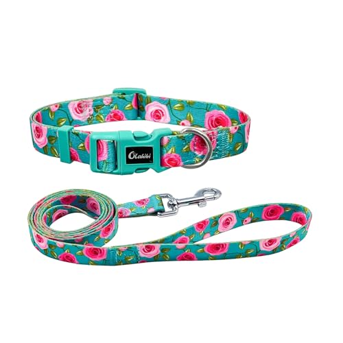 Olahibi Kombi-Set aus Hundehalsband und Leine, niedliches Rosenmuster, Polyester-Material, 150 cm, passende Leine, für kleine Hunde (S, Grüne Rose) von Olahibi