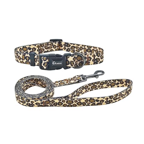 Olahibi Kombi-Set für Hundehalsband und Leine, Leopardenmuster, Polyester-Material, 150 cm, passende Leine, für mittelgroße Hunde (Größe M, brauner Leopard) von Olahibi