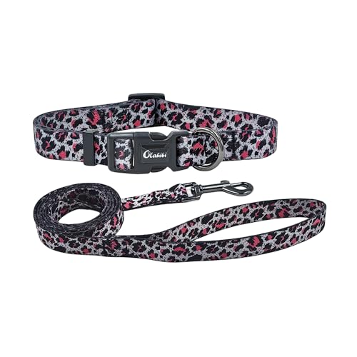 Olahibi Kombi-Set für Hundehalsband und Leine, Leopardenmuster, Polyester-Material, 150 cm, passende Leine, für mittelgroße Hunde (Größe M, grauer Leopard) von Olahibi