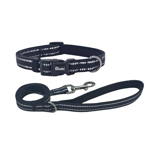 Olahibi Kombi-Set für Hundehalsband und Leine, Neopren, gepolstert, Polyester mit reflektierenden Streifen, 150 cm passende Leine, für mittelgroße Hunde (Größe M, Schwarz) von Olahibi