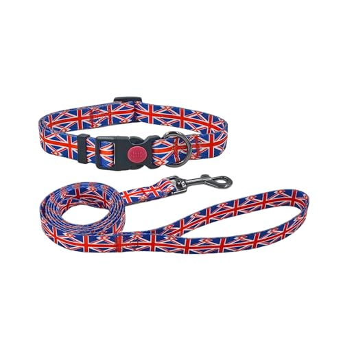 Olahibi Kombi-Set für Hundehalsband und Leine, Unionsflaggen-Muster, Polyester-Material, 150 cm, passende Leine, für mittelgroße Hunde (Größe M, Union-Flagge) von Olahibi