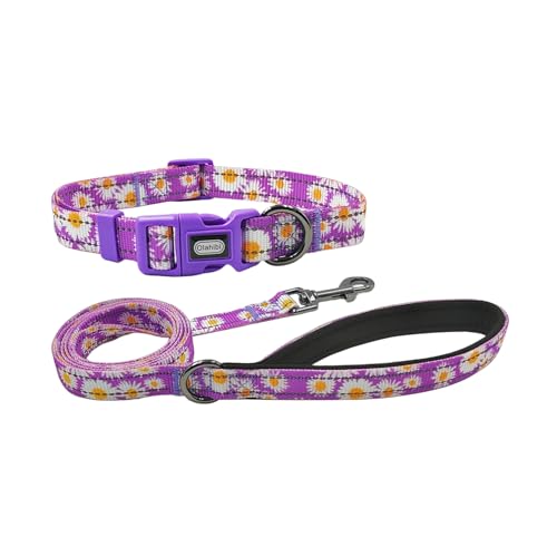 Olahibi Reflektierendes Hundehalsband-Leinen-Set, 150 cm, passende Leine, Blumenmuster, strapazierfähiges Nylon mit reflektierenden Streifen, 4 Größen für kleine, mittelgroße und große Hunde (Größe M, von Olahibi