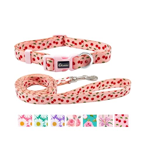 Olahibi Set aus Hundehalsband und Leine, niedliches Kirschmuster, Polyester-Material, 1,52 m Leine, für mittelgroße Hunde, Größe M, Pink Cherry von Olahibi