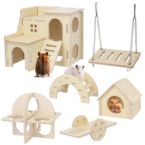 Hamster-Spielzeug-Set aus Holz, Kiefer, Meerschweinchen, Wippe, Brücke, große Schaukel, Übungsspielzeug und Versteckhaus, Holzspielzeug für Hamster, Hasen, kleine Haustiere, 6-teilig von OldPAPA