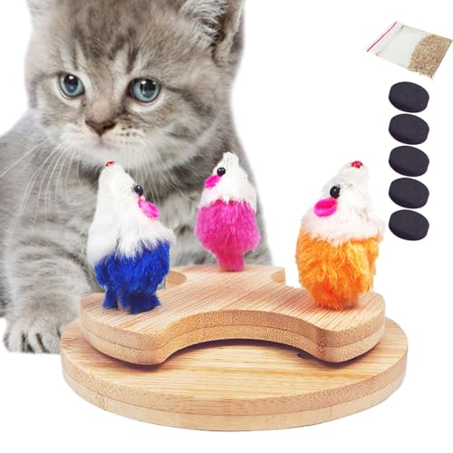 Oldmoom Drehbares Mausspielzeug für Katzen,Mauskarussellspielzeug für Katzen | Katzen-Maus-Spielzeug aus Holz - Hölzernes Hundekarussell-Mäuse-Tischspiel für Kätzchen, mittelgroße Katzen und kleine von Oldmoom