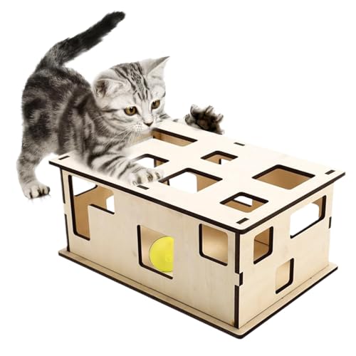 Oldmoom Katzen-Puzzle-Box, Katzen-Puzzle-Futterspender - Lernspielzeugkiste für Katzen aus Holz, mit Mehreren Löchern,Cat Maze Kratzbrett gegen Langeweile, interaktive Bereicherung für Wohnungskatzen von Oldmoom