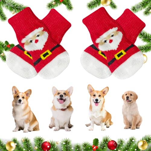 4 Stück Weihnachts-Hundesocken mit Pfoten stoppen Lecken, rutschfeste Hundepfotenschutz, schützt vor Kratzern, Hundekrallensocken für Welpen, kleine Hunde, Bodenspaziergänge (L) von Olensson