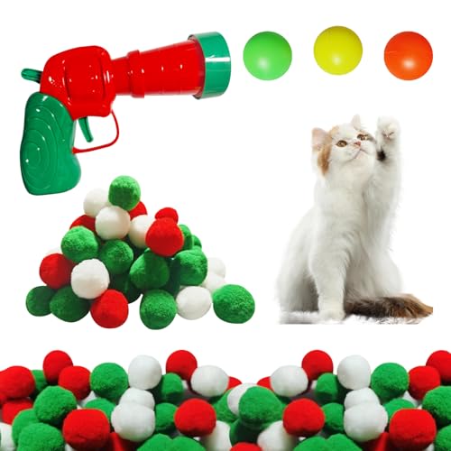 Interaktives Katzenspielzeug, flauschiger Ball-Shooter für Katzen, Katzenball-Spielzeug, Werfer, Plüschball, Schießpistole mit 60 weichen Katzen-Pom-Bällen, 3 Katzen-Hüpfbälle, von Olensson