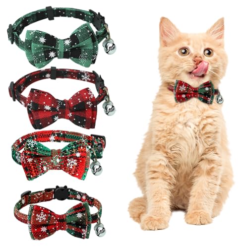 Weihnachtliches Katzenhalsband mit Glöckchen und Fliege, verstellbares Katzenhalsband, Schnellverschluss, Sicherheitsschnalle, Halsbänder für Kätzchen, Katzen, Welpen, niedliches Weihnachts-Thema, von Olensson