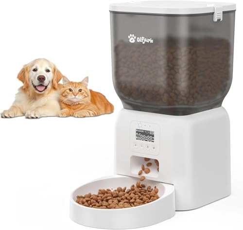 Futterautomat Katze, Olfjurk 4L Katzenfutter Automat Cat Feeder- Automatischer Futterspender,1-6 Mahlzeiten für Katzen und kleine mittelgroße Hunde | Duale Stromversorgung,Abnehmbar Waschbar,Weiß von Olfjurk