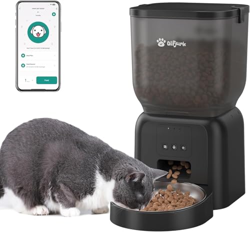 Olfjurk 4L Futterautomat Katze, APP-Steuerung, WiFi Intelligenter Katzenfutter Automat, 6 Mahlzeiten pro Tag, Futterspender für Katzen/Hunde, Futterautomat Katze mit Edelstahlnapf,Schwarz von Olfjurk