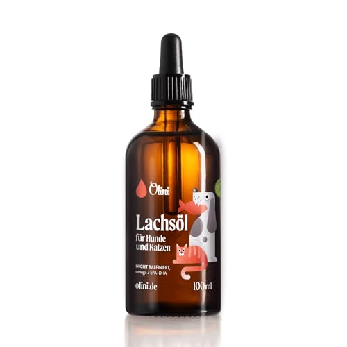 Olini Lachsöl für Hunde und Katzen 100 ml mit Omega 3, Omega 6, EPA, DHA - Frisch Nordic Nahrungsergänzung - 100% Natürliches Öl aus Atlantik-Meer-Lachs - Fischöl Hochdosiert ohne Konservierungsstoffe von Olini