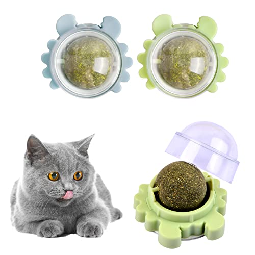 Olinner 2 Stück Katzenminze Ball, Spielzeug für Katzen Lecken, Drehbare Katzenminze, Katzenminze für Katzensnacks, Selbstklebende Zahnreinigung Katze Spielzeug, Essbares Bälle zum Lecken von Katzen von Olinner