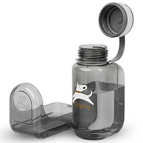 OllyDog OllyBottle, tragbare Wasserflasche für Hunde, BPA-frei, Kunststoff, klein, groß, Hundezubehör, Welpenwasserspender mit abnehmbarem Trinknapf für Haustiere im Freien, Reisen (600 ml, grau) von OllyDog