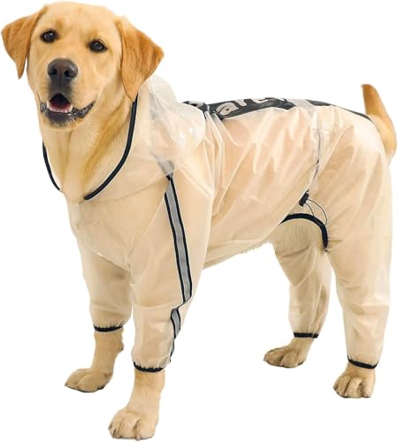 Olsa Hunde Regenjacken mit Kapuze, 4 Beine, Winterjacke für Hunde mit Reflektierenden Streifen, Transparent, Wasserdicht, Regenmantel für Kleine, Mittlere und Große Hunde (2XL) von Olsa