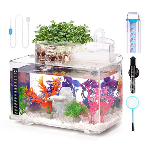 Betta Aquarium-Set, 3 Gallonen Aquarium selbstreinigend mit LED-Licht, Filter, Heizung, Dekorationen und Zubehör – ideal für Hydrokultur-Anbausystem und Aquaponik von Oltraman