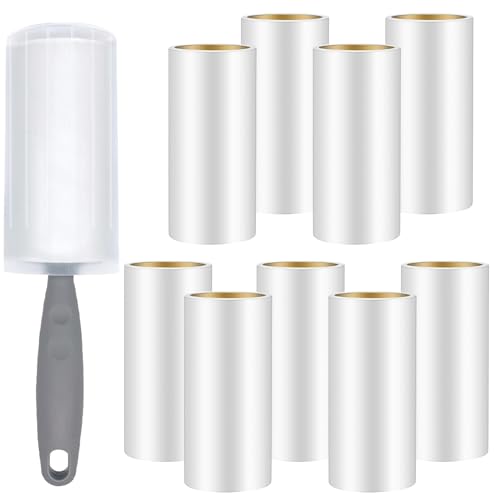 Omtofo 9 Rollen 540 Blatt Fusselrolle mit 1 Staubschutzhüllen + 1 Abroller, Extra Klebrig Lint Roller, Fusselrolle Tierhaare, Fusselroller für Kleidung, Haare, Sofa, Bett, Katzenhaare, Hundehaare von Omtofo