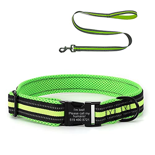 Oncpcare Hundehalsband und Leine, gepolstert, personalisierbar, personalisierbar, mit Haustiernamen, reflektierend, graviert, Ausweishalsband von Oncpcare