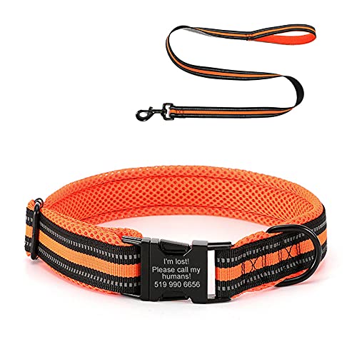 Oncpcare Personalisiertes Hundehalsband und Leine, Set, DIY Gepolstertes Hundehalsband, individuelle Gravur mit Haustiernamen, reflektierend graviert Hund ID Halsband von Oncpcare