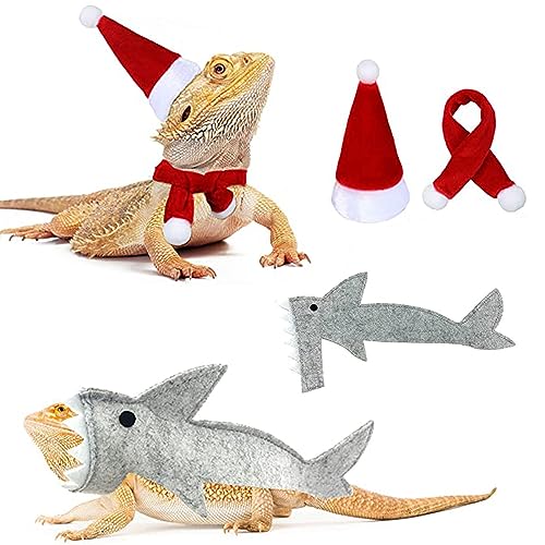 Reptilien-Weihnachtsmannmütze Schal Hai Outfit Set, Eidechsen Kleidung Haustier Bartdrache Hai Kostüm Weihnachten Halloween Kleidung Zubehör von Oncpcare