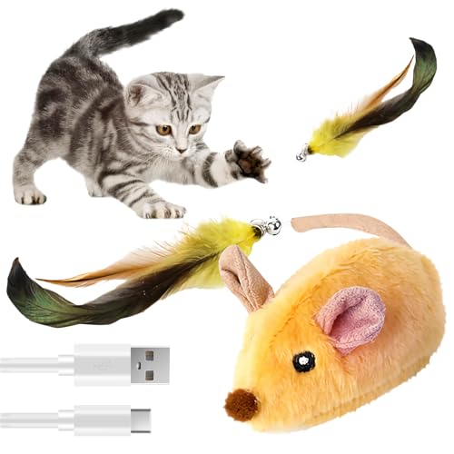 OneNine Katzenspielzeug Elektrisch Spielmaus, Katzenspielzeug Maus, Elektrisches Katzen Spielzeug Mit Federschwanz, Cat Toys, Spielzeug Katze mit USB Kabel für Katzenauslauf und Gegen Langeweile von OneNine