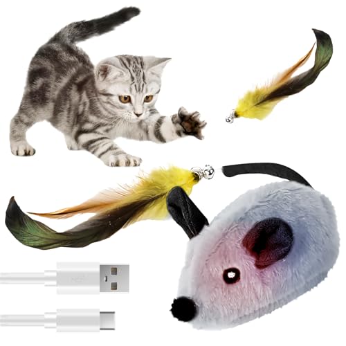 OneNine Katzenspielzeug Elektrisch Spielmaus, Katzenspielzeug Maus, Elektrisches Katzen Spielzeug Mit Federschwanz, Cat Toys, Spielzeug Katze mit USB Kabel für Katzenauslauf und Gegen Langeweile von OneNine