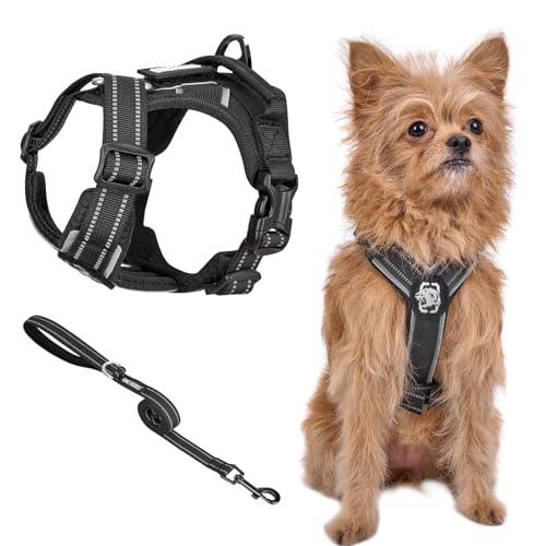 OneTigris Geschirr Set für Kleine Hunde, ANTZ Tactical Geschirre und Leine mit Lichtreflexband, Hundegeschirr mit Griff für Kleine, Mittelgroße Hunde wie Chihuahua, Yorkshire, Pomeranian, Schwarz XXXS von OneTigris