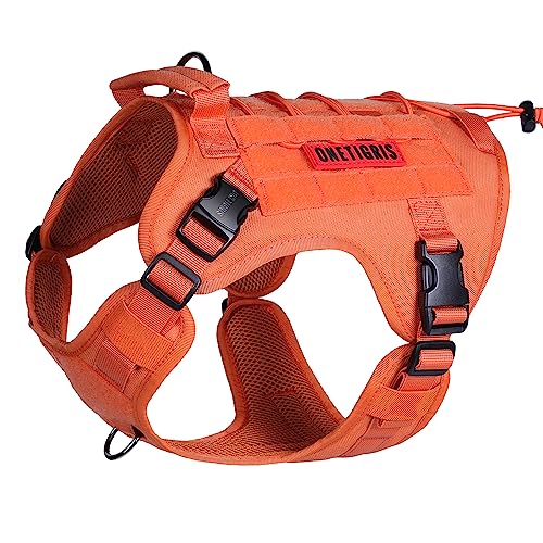 OneTigris Upgraded Fire Watcher 2.0 mit Strapazierfähiger Metallschnalle, Taktische Hundegeschirr mit Griff, No Pull Geschirr Grosse Hunde mit MOLLE-Klettsystem - Orange XL von OneTigris