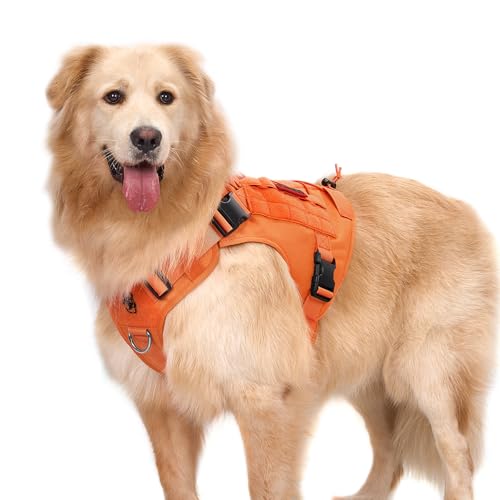 OneTigris Hundegeschirr, FIRE Watcher Taktische Geschirr MOLLE Sicherheitsgeschirr Service Hunde Hundeweste mit 1 Griffe und 2 No-Pull D-Ring 1000D Nylon (L, Orange) von OneTigris