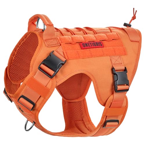 OneTigris Hundegeschirr, FIRE Watcher Taktische Geschirr MOLLE Sicherheitsgeschirr Service Hunde Hundeweste mit 1 Griffe und 2 No-Pull D-Ring 1000D Nylon (M, Orange) von OneTigris