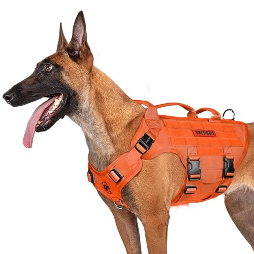 OneTigris Hundegeschirr, X DESTROYER Taktisches Einstellbar Antizuggeschirr Ausbruchsicheres Geschirr mit 3 Griffe 2 Metallschnallen Sicherheitsgeschirr (Orange L) von OneTigris