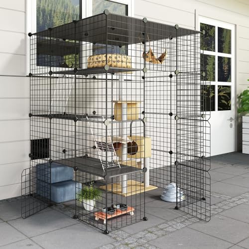 Oneluck Katzenhaus für den Außenbereich, mit super großer Eingangstür, 41 x 41 x 55 cm (L x B x H), Balkon-Katzenlaufstall mit Plattformen, DIY Zwinger, Kiste, großer Trainingsplatz, ideal für 1–3 von Oneluck