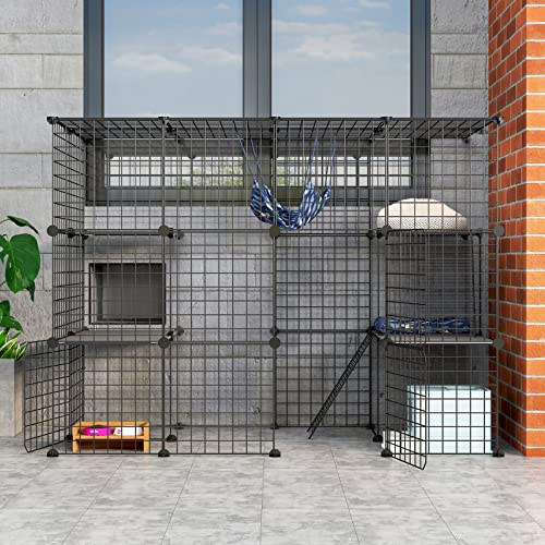 Oneluck Katzenhaus für den Außenbereich, mit super großer Eingangstür, 55 x 28 x 41 cm (L x B x H), Balkon-Katzenlaufstall mit Plattformen, DIY-Zwinger, großer Trainingsplatz, ideal für 1–2 Katzen von Oneluck