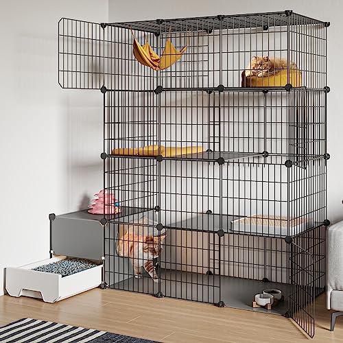 Oneluck Katzenkäfig mit Katzentoilette, 4-stöckig, großes Laufstall, abnehmbarer Metalldraht, Hundehütte, Innenkiste, großer Trainingsplatz, ideal für 1–2 Katzen von Oneluck