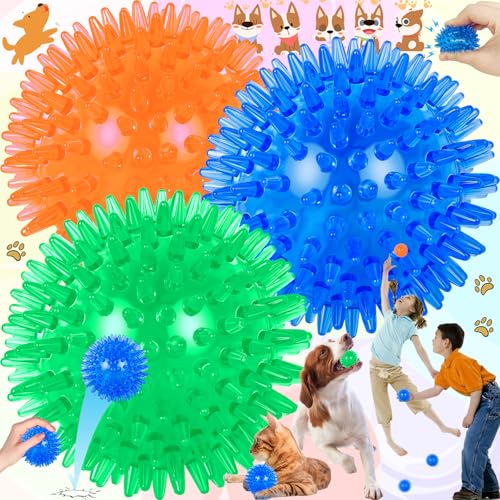 Oneroomone 3 Stücke Quietschendes Hundespielzeug, Kauspielzeug für Hunde, Stachelball, Wurfspielzeug für Welpen, Gummi, TPR, Kauspielzeug für Langeweile, Zahnreinigung für kleine und mittelgroße Hunde von Oneroomone