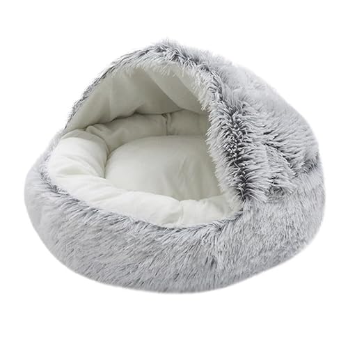 Onmargeen Haustierbett für Hunde und Katzen, rund, Plüsch, Kätzchen, warmes Schlafnest, Katzen-Iglu-Höhlenhaus (grau, glatt, L-60 cm) von Onmargeen