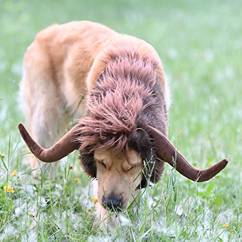 Lustiges Rentier-Kostüm für Hunde, niedliche pelzige Haustierperücke für Halloween, Weihnachten, Haustier-Kleidung, Zubehör (L, Bulle) von Onmygogo