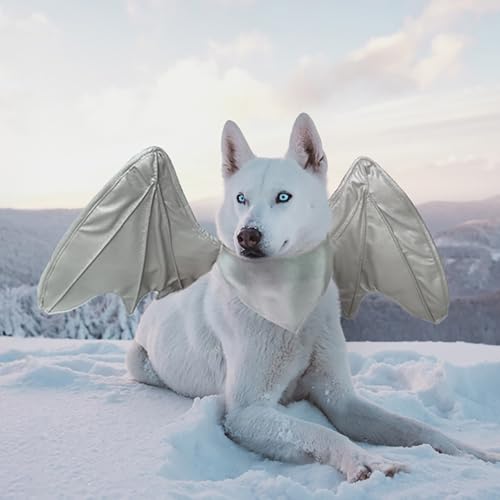 Lustiges Rentier-Kostüm für Hunde, niedliche pelzige Haustierperücke für Halloween, Weihnachten, Haustier-Kleidung, Zubehör (L, silberner Flügel) von Onmygogo