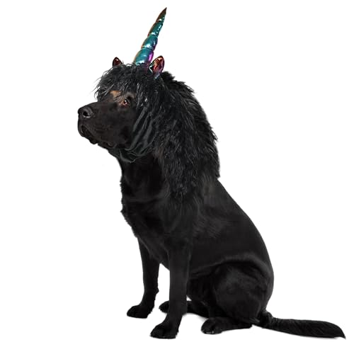 Onmygogo Lustiges Rentier-Kostüm für Hunde, niedliche pelzige Haustierperücke für Halloween, Weihnachten, Haustier-Kleidung, Zubehör (M, Schwarzes Einhorn) von Onmygogo