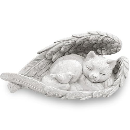 Onperpoe Grabstein Katze mit Engelsflügeln Katze Engel Gedenkstein für Draußen Tiergrabstein Polyresin Katzenfigur Garten Wunderschönes Andenken Zuhause Grabschmuck Deko Geschenke für Katzenliebhaber von Onperpoe