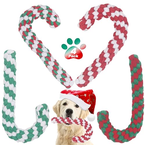 Onwoli Weihnachts-Hundespielzeug, Weihnachts-Süßigkeitenstangen-Seilspielzeug, 4 Packungen interaktives Kauspielzeug, Hundespielzeug für Welpen, kleine, mittelgroße Hunde, Training, Spielen, Zahnen, von Onwoli