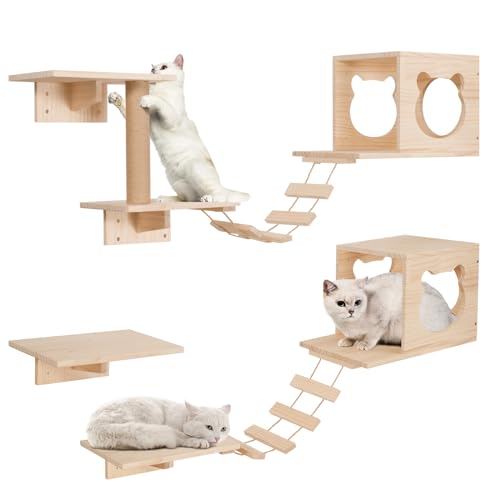 Opetdo Kletterwand Katzen Set - 5-teiliges -Wandregale,Stabiler Holzkletterer,Wandpark mit Katzenhaus, Katzenbrücke, Katzenbaum, Katzen Wandregale, Katzenwandmöbel Set von Opetdo