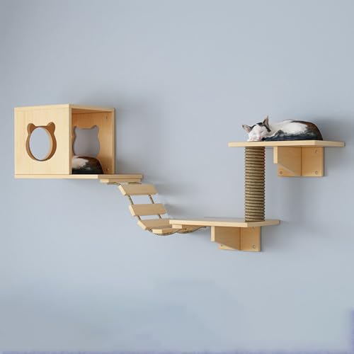 Opetdo Kletterwand für Katzen, 5-Teiliges Katzen Kletterwand Set, Stabiler Katzenmöbel mit Katzentreppe, Katzensprungbrett, Kratzsäulen und katzenhöhle für Katzen Schlafen Spielen Lounging von Opetdo