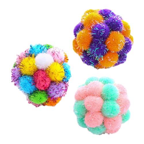 Plüschbälle für Katzen, Pom Pom Pom Katzenspielzeug, 3 Stück, weiches Katzenspielzeug, interaktives Katzenspielzeug, leiser Ball, Lieblingsspielzeug, verbessert von Opilroyn